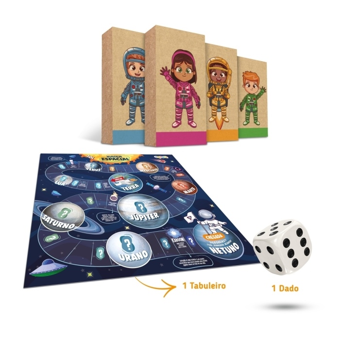 4 avatares, 40 cartas, 1 dado e 1 tabuleiro